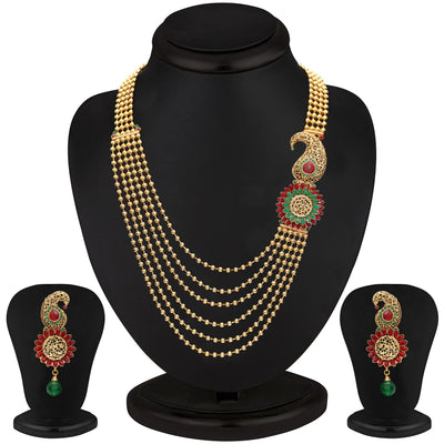 Sukkhi Emerald Ruby Six String Gold Plated Blossomy Necklace Set