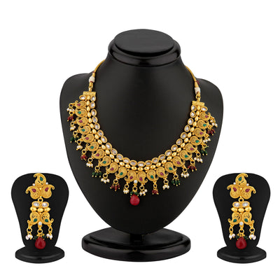 Sukkhi Keri Design Gold Plated AD and Meenakari Antique Necklace Set
