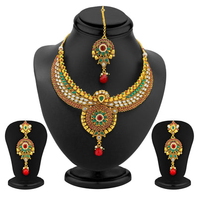 Sukkhi Preety Gold Plated AD, Ruby and Emerald Antique Necklace Set