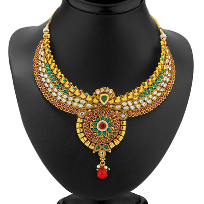 Sukkhi Preety Gold Plated AD, Ruby and Emerald Antique Necklace Set-1