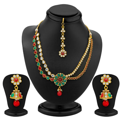 Sukkhi 2 Strings Gold Plated AD, Ruby and Emerald Antique Necklace Set
