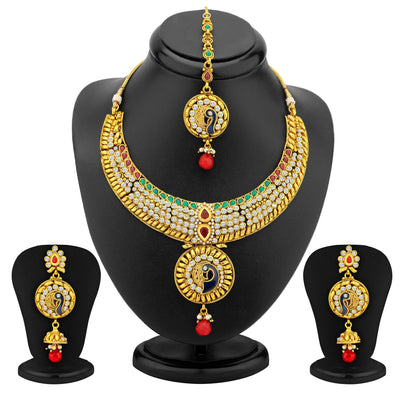 Sukkhi Creative Gold Plated AD Peacock Antique Necklace Set
