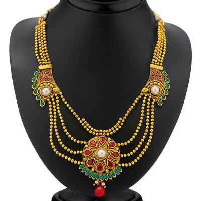 Sukkhi 4 Strings Gold Plated Ruby and Emerald Antique Necklace Set-1