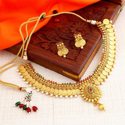 Sukkhi Bollywood Collection Eye-Catchy  Gold Plated Temple Jewelery Coin Necklace Set for Women