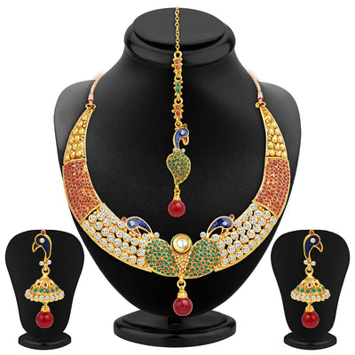 Sukkhi Intricately Crafted Peacock Gold Plated AD Necklace Set