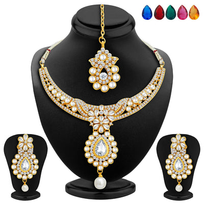 Sukkhi Delightly Gold Plated AD Necklace Set with Set of 5 Changeable Stone