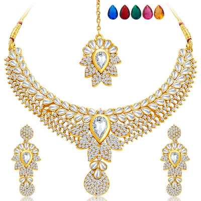 Sukkhi Royal Gold Plated AD Set of 2 Necklace Set with Set of 10 Changeable Stone Combo For Women-3
