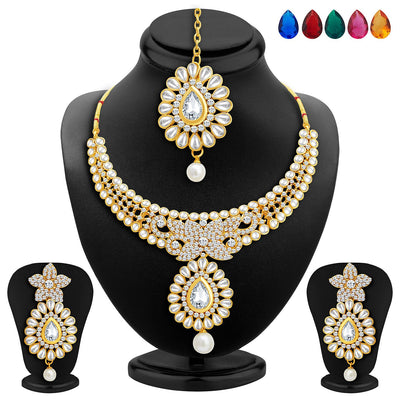 Sukkhi Royal Gold Plated AD Set of 2 Necklace Set with Set of 10 Changeable Stone Combo For Women-4