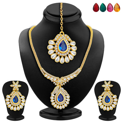 Sukkhi Glittery Gold Plated AD Set of 3 Necklace Set with Set of 15 Changeable Stone Combo For Women-2