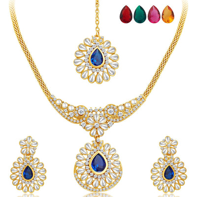 Sukkhi Glittery Gold Plated AD Set of 3 Necklace Set with Set of 15 Changeable Stone Combo For Women-7
