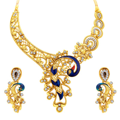 Sukkhi Appealing Peacock Gold Plated AD Necklace Set For Women