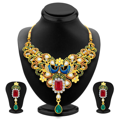 Sukkhi Wavy Peacock Gold Plated AD Necklace Set For Women