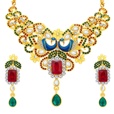 Sukkhi Wavy Peacock Gold Plated AD Necklace Set For Women-1