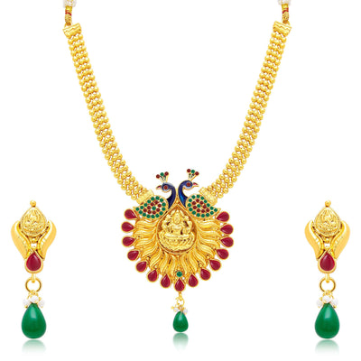 Sukkhi Attractive Laxmi Temple Peacock Gold Plated Necklace Set For Women