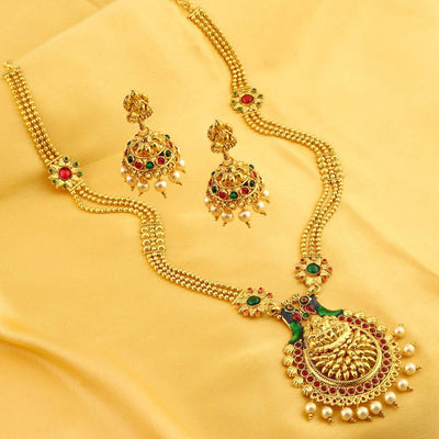 Sukkhi Designer Laxmi Temple Peacock Gold Plated Necklace Set For Women