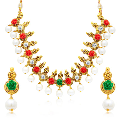 Sukkhi Pretty Flower Gold Plated AD Necklace Set For Women