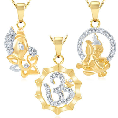 Pissara Ravishing Ganesha Gold Plated Set of 3 God Pendant with Chain Combo