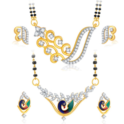 Pissara Traditionally Peacock Gold Plated CZ Set of 2 Mangalsutra Set Combo For Women