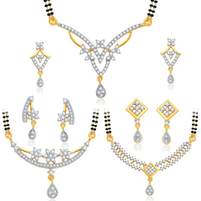 Pissara Intricately Crafted Gold Plated CZ Set of 3 Mangalsutra Set Combo For Women