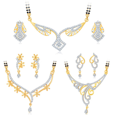Pissara Glimmery Gold Plated CZ Set of 3 Mangalsutra Set Combo For Women