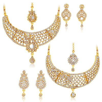 Sukkhi Amazing Gold Plated AD Set of 2 Necklace Set Combo For Women-1