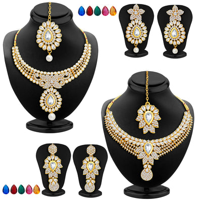 Sukkhi Royal Gold Plated AD Set of 2 Necklace Set with Set of 10 Changeable Stone Combo For Women