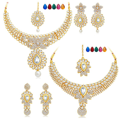 Sukkhi Royal Gold Plated AD Set of 2 Necklace Set with Set of 10 Changeable Stone Combo For Women-1