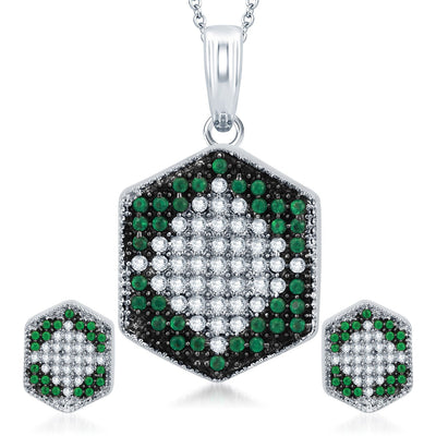 Pissara Cluster Rhodium Plated Emerald CZ Micro Pave Pendant Set