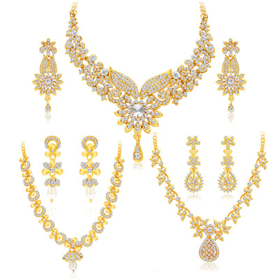 Sukkhi Intricately Gold Plated AD Set of 3 Necklace Set Combo For Women-1