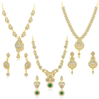 Sukkhi Creative Gold Plated AD Set of 3 Necklace Set Combo For Women