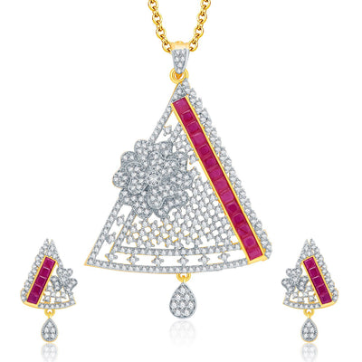 Pissara Fashionable Gold And Rhodium Plated Ruby CZ Pendant Set For Women