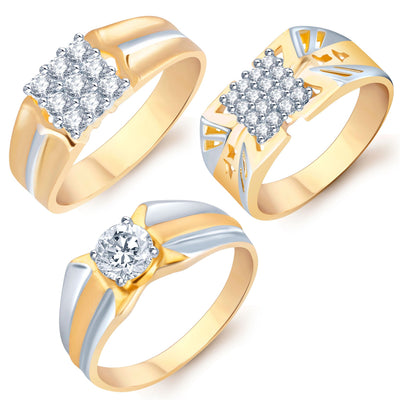 Pissara Stylish Gold Plated CZ Set of 3 Gents Ring Combo For Men