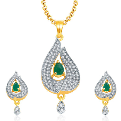 Pissara Dainty Gold And Rhodium Plated Emerald CZ Pendant Set For Women