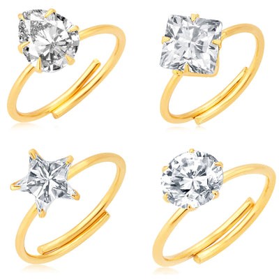 Pissara Dazzling Gold Plated Solitaire Set of 4 Ladies Ring Combo For Women