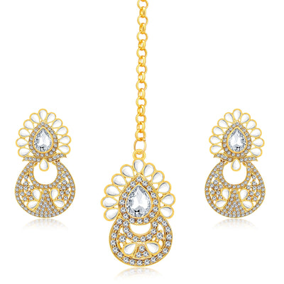 Sukkhi Dazzling Gold Plated AD Earring With Mangtikka Set For Women