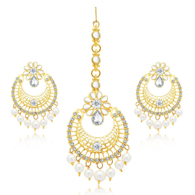 Sukkhi Angelic Gold Plated AD Earring With Mangtikka Set For Women
