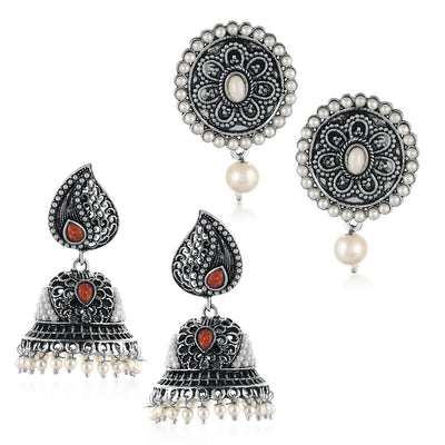 Sukkhi Glistening Oxidised Pearl Peacock Earring Combo For Women