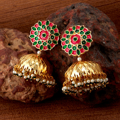 Sukkhi Elegant Pearl Gold Plated Meenakari Jhumki Earring for Women