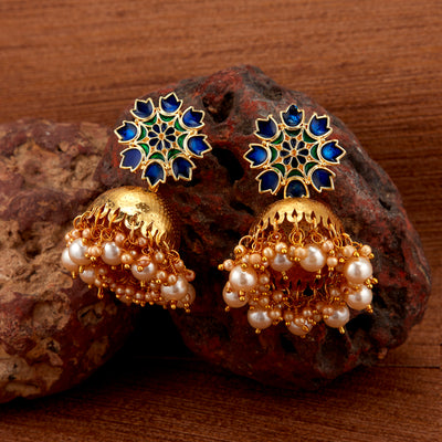 Sukkhi Amazing Pearl Gold Plated Floral Meenakari Jhumki Earring for Women