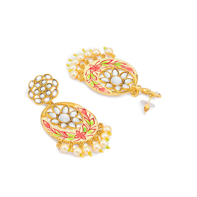 Sukkhi Eye-Catchy Pearl Gold Plated Kundan Meenakari Chandbali Earring for Women