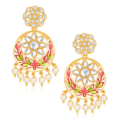 Sukkhi Eye-Catchy Pearl Gold Plated Kundan Meenakari Chandbali Earring for Women