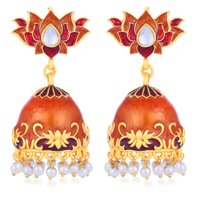 Sukkhi Splendid Pearl Gold Plated Lotus Meenakari Jhumki Earring For Women