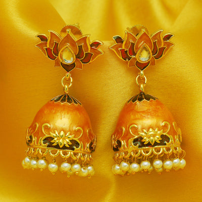 Sukkhi Splendid Pearl Gold Plated Lotus Meenakari Jhumki Earring For Women