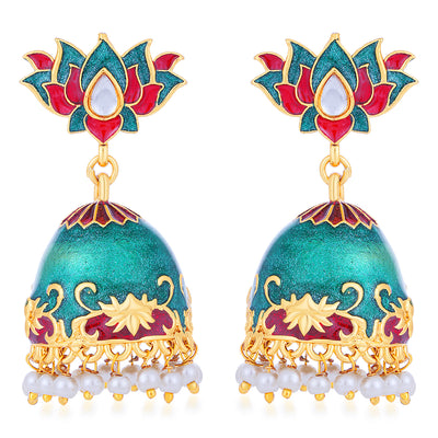 Sukkhi Adorable Pearl Gold Plated Lotus Meenakari Jhumki Earring For Women