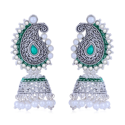 Sukkhi Sparkling Oxidised Paisley Mint Collection Pearl Jhumki Earring For Women