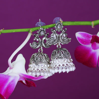 Sukkhi Glimmery Oxidised Peacock Pearl Jhumki Earring For Women