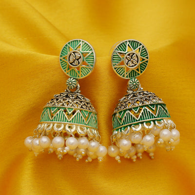 Sukkhi Pretty Oxidised Mint Collection Pearl Jhumki Earring For Women