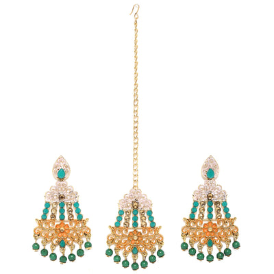 Sukkhi Cluster Gold Plated Mint Collection Earring and Maangtikka Set for Women