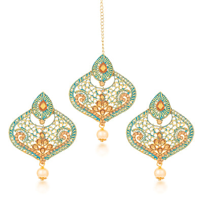 Sukkhi Lavish Gold Plated Mint Meena Collection Dangle Earring & MaangTikka for Women