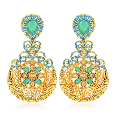 Sukkhi Marvellous Gold Plated Mint Meena Collection Chandelier Earring & MaangTikka for Women